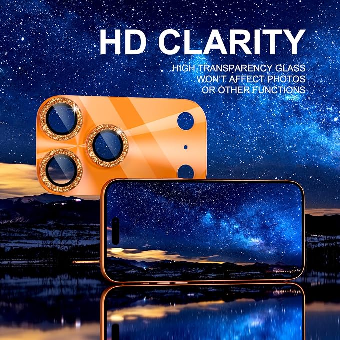 Choiche Compatible for iPhone 17 Pro Camera Lens Protector, Bling Camera Cover with 9H Tempered Glass Lens Screen Protector Metal Ring Decoration Accessories 6.3-inch (Light-Orange)
