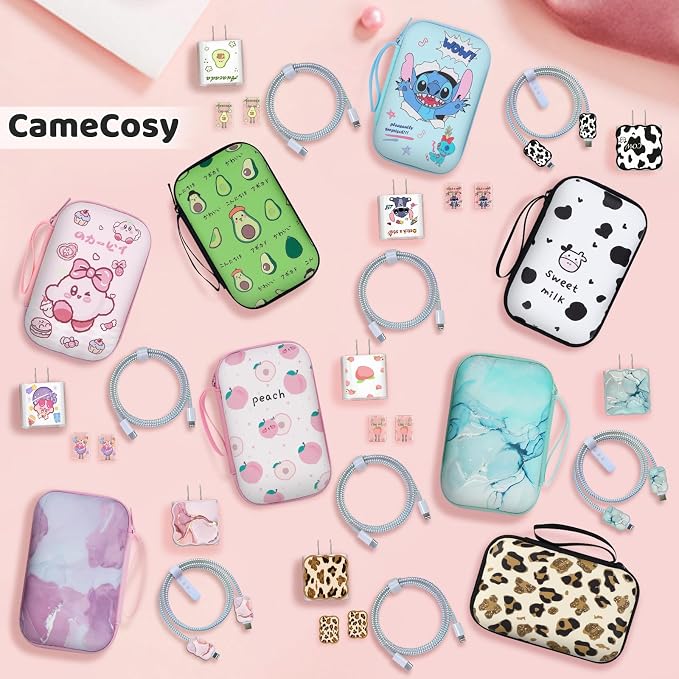 CameCosy DIY Phone Charger Cover Storage Sets Cable USB Earphone Wire Saver Organizer with Travel Storage Bag, Soft Cute Cable Protector Phone Charger Protector Compatible for iPhone(Milk Cow)