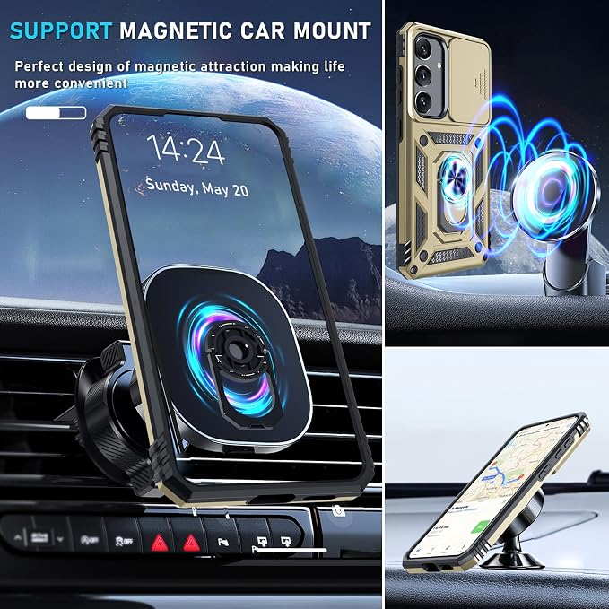 Janmitta Compatible with Samsung Galaxy S25 Plus/S24 Plus Case Built in Slide Camera Lens Cover+Screen Protector+Finger Ring Holder Kickstand,Heavy Duty Shockproof Full Body Phone Cover,Gold