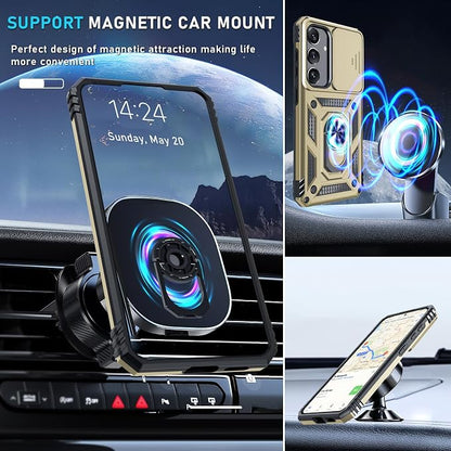 Janmitta Compatible with Samsung Galaxy S25 Plus/S24 Plus Case Built in Slide Camera Lens Cover+Screen Protector+Finger Ring Holder Kickstand,Heavy Duty Shockproof Full Body Phone Cover,Gold