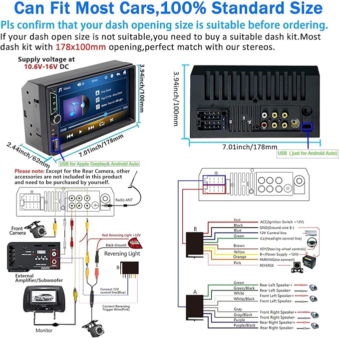 Double Din Car Stereo with Dash Cam,Compatible with Apple Carplay,Android Auto,7 inch Touch Screen Car Radio Receiver with Bluetooth, Mirror Link, Backup Camera, Navigation, FM, USB/TF/AUX