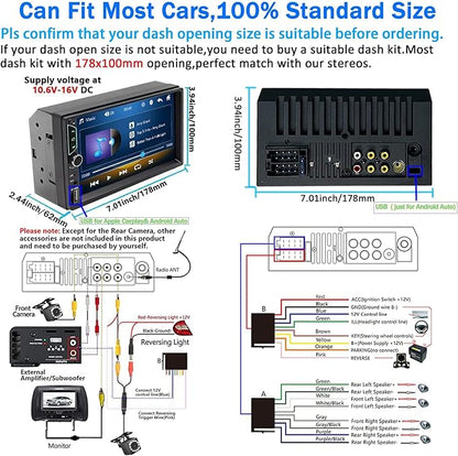 Double Din Car Stereo with Dash Cam,Compatible with Apple Carplay,Android Auto,7 inch Touch Screen Car Radio Receiver with Bluetooth, Mirror Link, Backup Camera, Navigation, FM, USB/TF/AUX