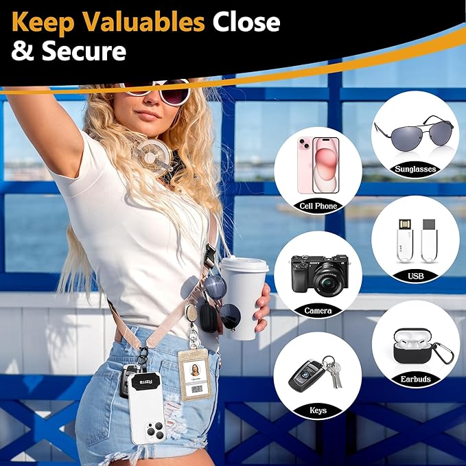 Azrra Adjustable Crossbody Cell Phone Lanyard for iPhone with Phone Tethers & Retractable ID Badge Card Holder (Beige)