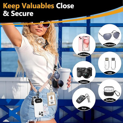 Azrra Adjustable Crossbody Cell Phone Lanyard for iPhone with Phone Tethers & Retractable ID Badge Card Holder (Beige)