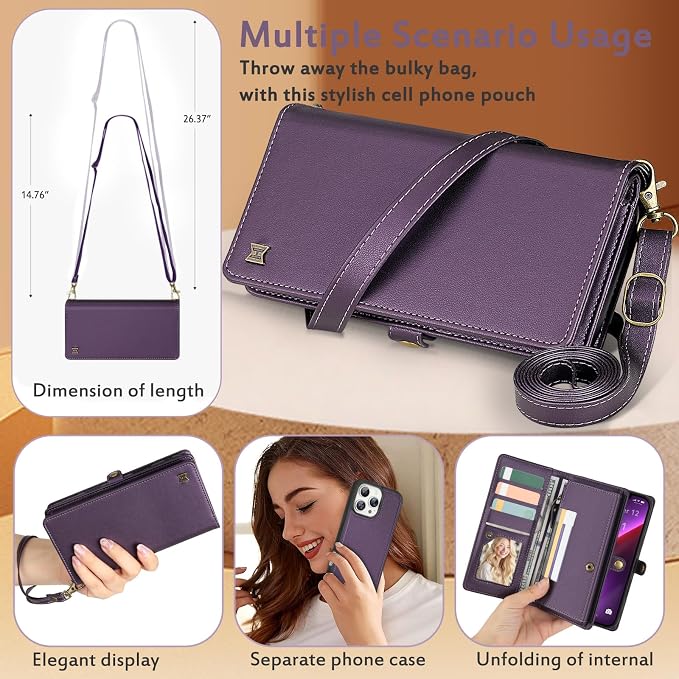 for Wallet Case Compatible with iPhone 13 Pro Max,Multi-Function Detachable 2 in 1 Magnetic iPhone 13 Pro Max Case Wallet,Flip Strap Zipper Card Holder Phone Case with Shoulder Straps (Pruple)