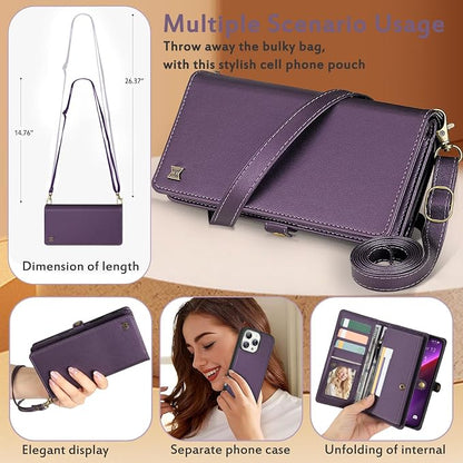 for Wallet Case Compatible with iPhone 13 Pro Max,Multi-Function Detachable 2 in 1 Magnetic iPhone 13 Pro Max Case Wallet,Flip Strap Zipper Card Holder Phone Case with Shoulder Straps (Pruple)