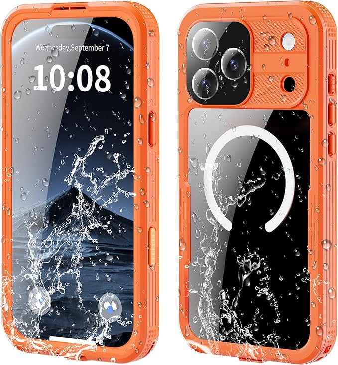 Omio for iPhone 17 Pro Max Waterproof Case Compatible with MagSafe, Magnetic Waterproof Full Body IP68 Underwater Case Built-in Screen Protector Military Grade Shockproof Cover for Men Women Orange