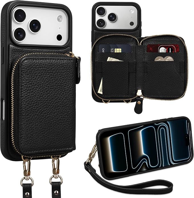 Keallce Wallet Case for iPhone 17 Pro Max 6.9 Inch, Genuine Leather Zipper Purse with Crossbody Strap, 4 Card Slots & RFID Blocking, Kickstand Flip Cover Shockproof for Women, Black