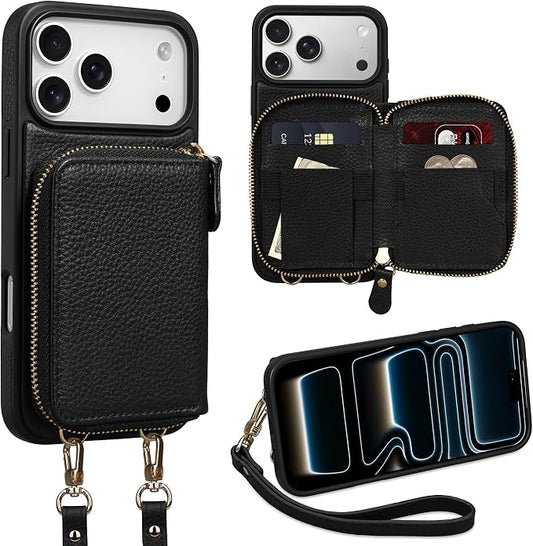 Keallce Wallet Case for iPhone 17 Pro Max 6.9 Inch, Genuine Leather Zipper Purse with Crossbody Strap, 4 Card Slots & RFID Blocking, Kickstand Flip Cover Shockproof for Women, Black
