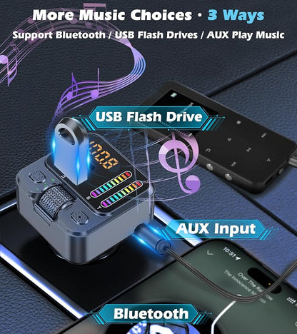 Bluetooth 5.3 Car Adapter with FM Transmitter & 42W PD Fast Charging, Wireless AUX/USB Music Receiver, Hands-Free Calls, Beat Sync LED Lights for Car Stereo, Compatible with All 12V-24V Vehicles