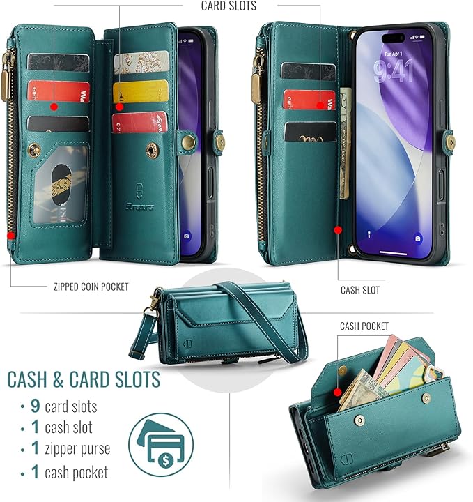 Strapurs Wallet Case Compatible with iPhone 17 Pro 6.3" RFID Blocking 9-Card Holder Soft PU Leather Magnetic Snap Shoulder Strap Zipper Pocket Phone Case Fit for iPhone 17 Pro for Women - Blue Green