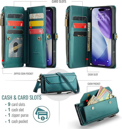 Strapurs Wallet Case Compatible with iPhone 17 Pro 6.3" RFID Blocking 9-Card Holder Soft PU Leather Magnetic Snap Shoulder Strap Zipper Pocket Phone Case Fit for iPhone 17 Pro for Women - Blue Green