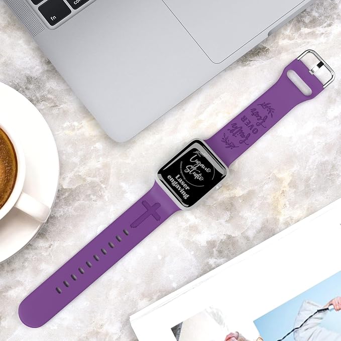 Faith Over Fear Watch Band compatible with Apple Watch Laser Engraved iWatch Band Silicone 38mm 40mm 41mm 42mm 44mm 45mm 49mm Strap Jesus Psalm Christian God (44/45/49mm S/M, Purple)