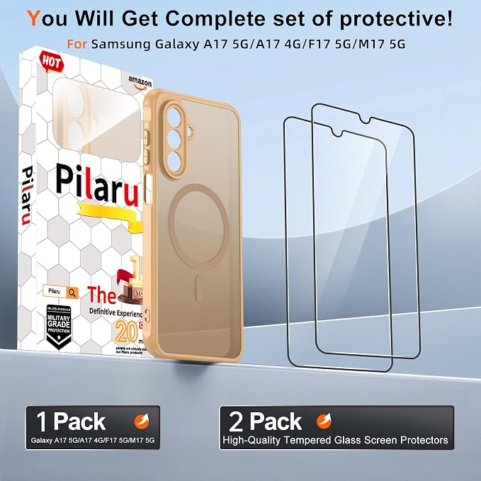 for Galaxy A17 5G Phone Case: Compatible for Samsung A17 5G Case [magsafe Fit] with 2PC Tempered Glass Screen Protector,Frosted Translucent Soft-Touch Skin & Military-Grade Protection for A 17,Gold