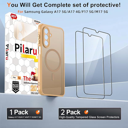 for Galaxy A17 5G Phone Case: Compatible for Samsung A17 5G Case [magsafe Fit] with 2PC Tempered Glass Screen Protector,Frosted Translucent Soft-Touch Skin & Military-Grade Protection for A 17,Gold