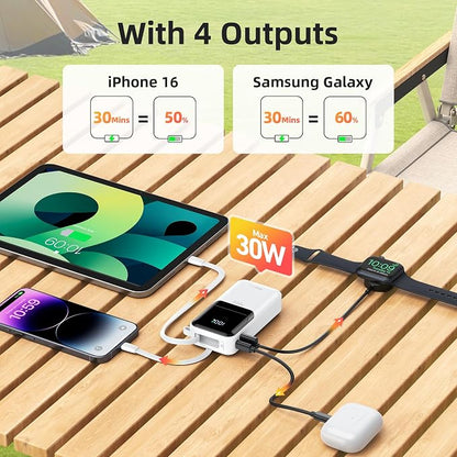 Portable Charger Power Bank Fast Charging,10,000mAh Battery Pack with Built in USB C & Lightning Cable,PD 30W Output for iPhone 17/16/15 Series,LED Display,4 Outputs for Samsung,Android etc