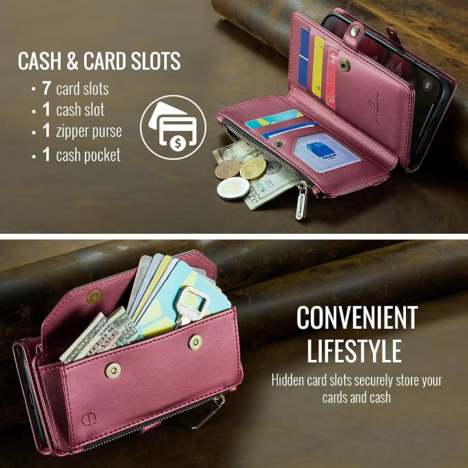 Strapurs Crossbody Wallet Case Compatible with iPhone 17e / iPhone 16e RFID Blocking 7-Card Holder PU Leather Magnetic Snap Shoulder Strap Zipper Pocket Phone Cases for iPhone 17e / 16e - Wine Red