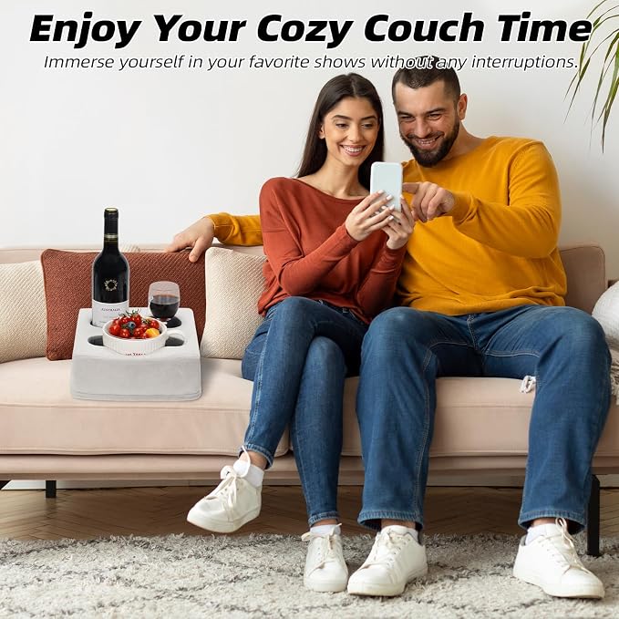G GOOD GAIN Couch Cup Holder Pillow, Spill-Proof Sofa Drink Cup Holder & Multi-Use Organizer for Sofa, Bed, Car, Beach - Holds Mugs, Phone, Snacks, Remote Control, KeepTemp Design (LightGrey)