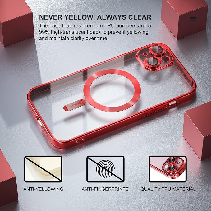 Misea Magnetic for iPhone 15 Plus Case Compatible with MagSafe [Never Yellowing] [Military Grade Drop Protection] Full Camera Lens Protector Plating Soft Clear Phone Case for Women, Red