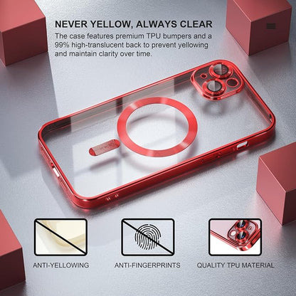 Misea Magnetic for iPhone 15 Plus Case Compatible with MagSafe [Never Yellowing] [Military Grade Drop Protection] Full Camera Lens Protector Plating Soft Clear Phone Case for Women, Red