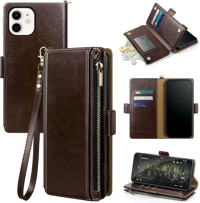 Antsturdy Compatible with iPhone 12 Wallet Case,RFID Blocking PU Leather Phone Case Women Men Kickstand Flip Cover Wrist Strap Zipper Credit Card Holder Slots,for Apple 12 Pro 6.1",Coffee