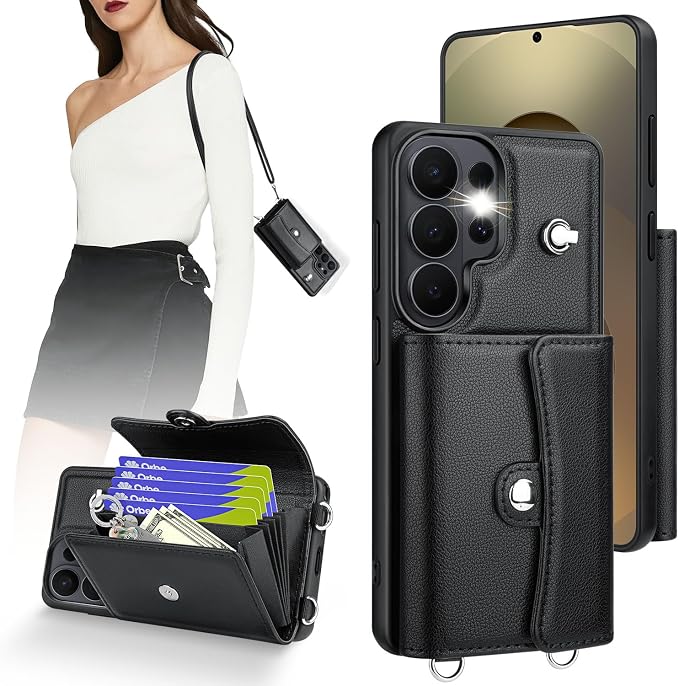 OCASE Compatible with Samsung Galaxy S26 Ultra Crossbody Wallet Case with Card Holder, PU Leather Phone Purse with RFID Blocking Kickstand Wrist Strap Lanyard, Black
