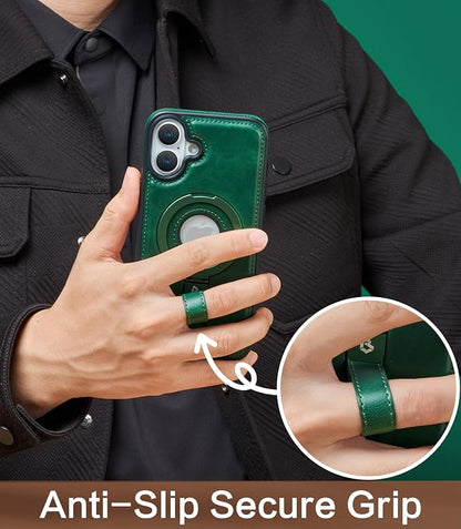 for iPhone 16 Leather Case with Stand, Anti-Slip Grip Ring, Fits for MagSafe (Green, iPhone 16)