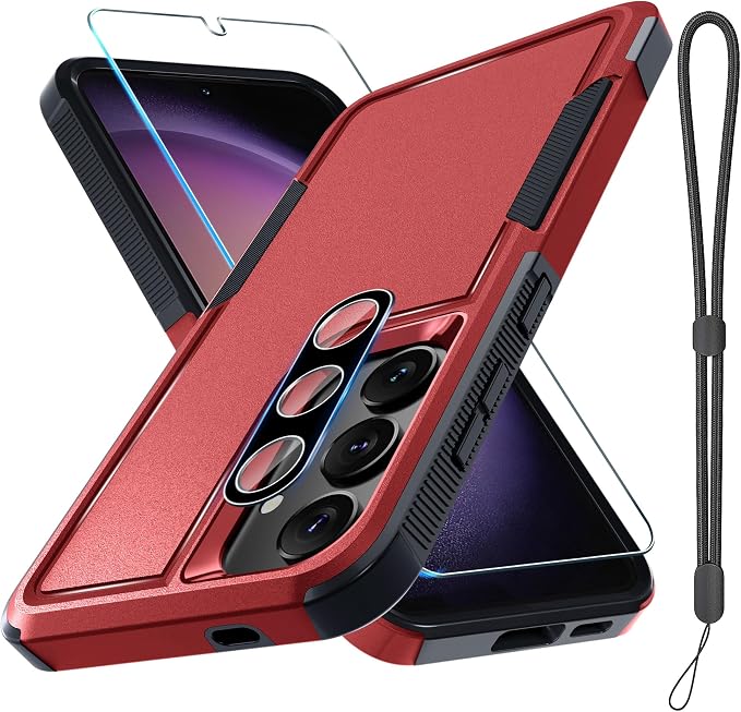 RMOCR Case for Samsung Galaxy S25 Plus, Full Body Heavy Duty Rugged Shockproof Protective Phone Cover with Lanyard Strap, Tempered Glass Screen Protector and Camera Lens Cover, Red