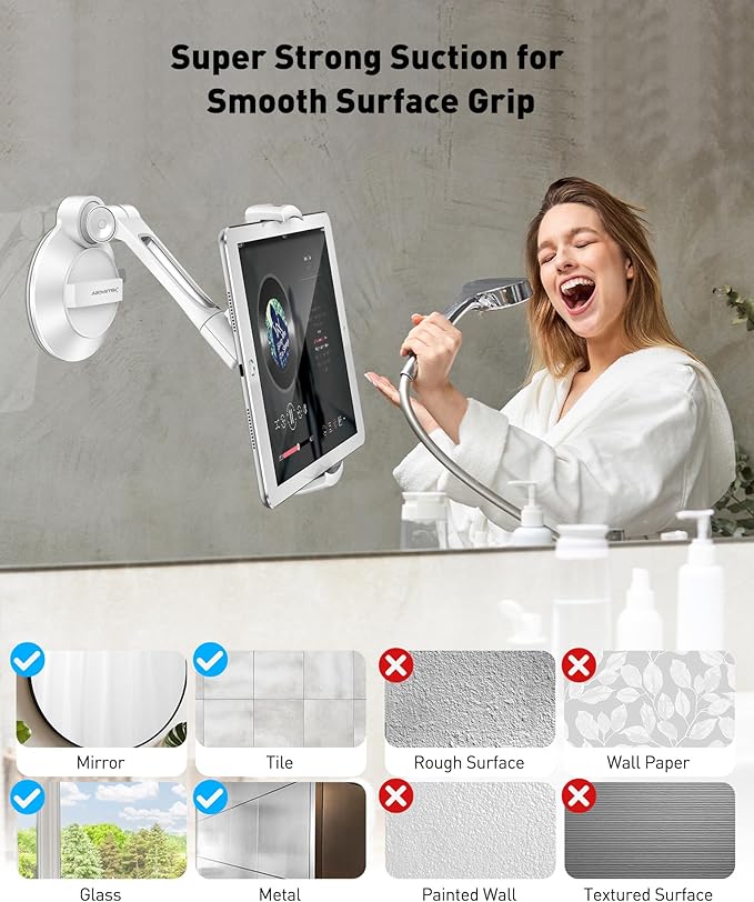 AboveTEK iPad Suction Mount, Phone Tablet Stand Holder with Suction Cup Fits 4"-11" Tablet/Phone/iPad mini/Air, Sticky iPads Mount on Window Bathroom Mirror, for Car Truck Windshield Boat (White)