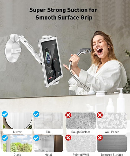 AboveTEK iPad Suction Mount, Phone Tablet Stand Holder with Suction Cup Fits 4"-11" Tablet/Phone/iPad mini/Air, Sticky iPads Mount on Window Bathroom Mirror, for Car Truck Windshield Boat (White)