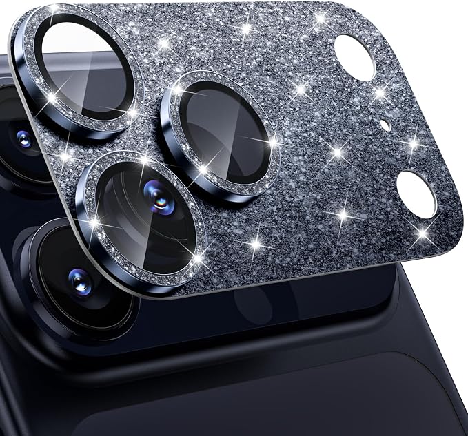 WSKEN for iPhone 17 Pro Max Camera Lens Protector, [Military Grade Shatterproof] [Strong Adhesion] Metal Aluminum Alloy Tempered Glass Camera Screen Protector, Glitter Blue