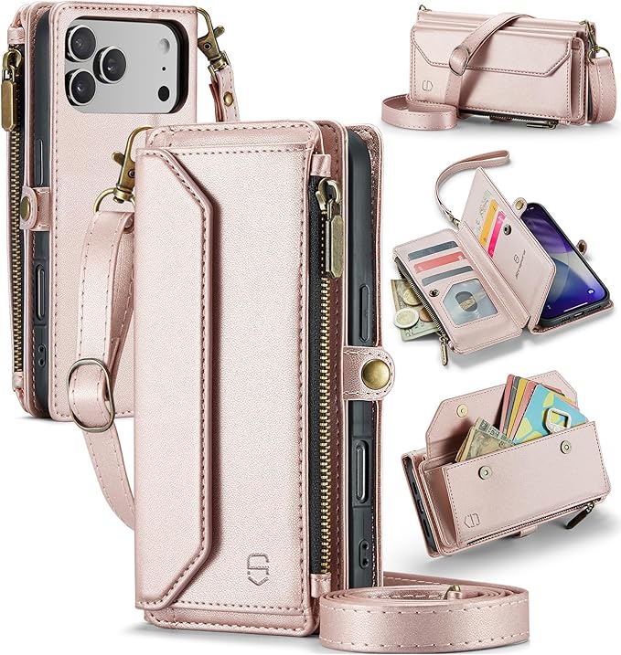 Strapurs Wallet Case Compatible with iPhone 17 Pro 6.3" RFID Blocking 9-Card Holder Soft PU Leather Magnetic Snap Shoulder Strap Zipper Pocket Phone Case Fit for iPhone 17 Pro for Women - Rose Gold