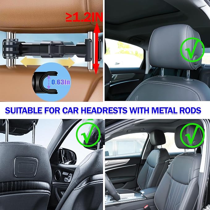 Car Headrest Tablet Holder 2 Pack, Ipad Holder for car Backseat, iPad Headrest Mount for 5.3-12.9" iPads/Phones, Car Tablet Holder with 360° Adjustable Rotating, Road Trip Essentials (Black)