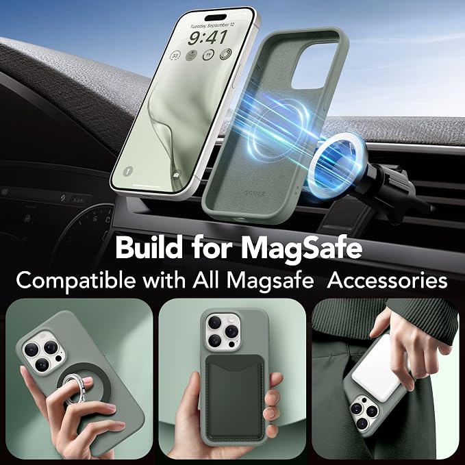 GONEZ Magnetic for iPhone 15 Pro Case, Compatible with MagSafe, [Screen Protector + Camera Lens Protector], Silicone Shockproof Anti-Scratch Protective Phone Case 6.1 inch, Calke Green
