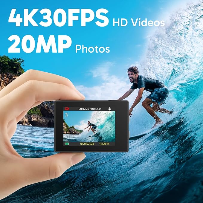 AKASO EK7000 4K30FPS 20MP WiFi Action Camera with 64GB MicroSD Memory Card Bundle EIS Ultra HD 131FT Waterproof Underwater Camera Remote Control 4X Zoom Support External Microphone Black
