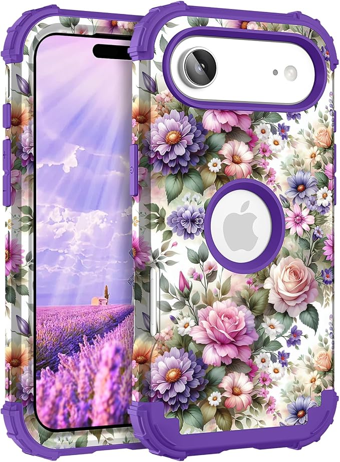 Hocase for iPhone Air Case 6.5", Heavy Duty Shockproof Protection Soft Silicone Rubber+Hard Plastic Bumpers Hybrid Protective Case for iPhone Air 2025 - Purple Pink Flowers