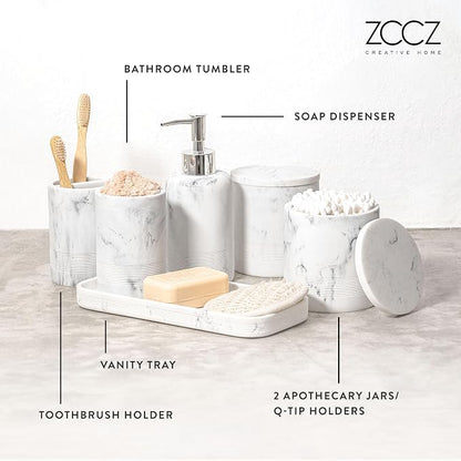 ZCCZ White Marble Bathroom Accessories Set 6 Pieces - Toothbrush Holder, Lotion Dispenser, Qtip Container, Vanity Tray, Tumbler - Countertop Organizer for Bathrooms - Elegant and Functional Décor Set