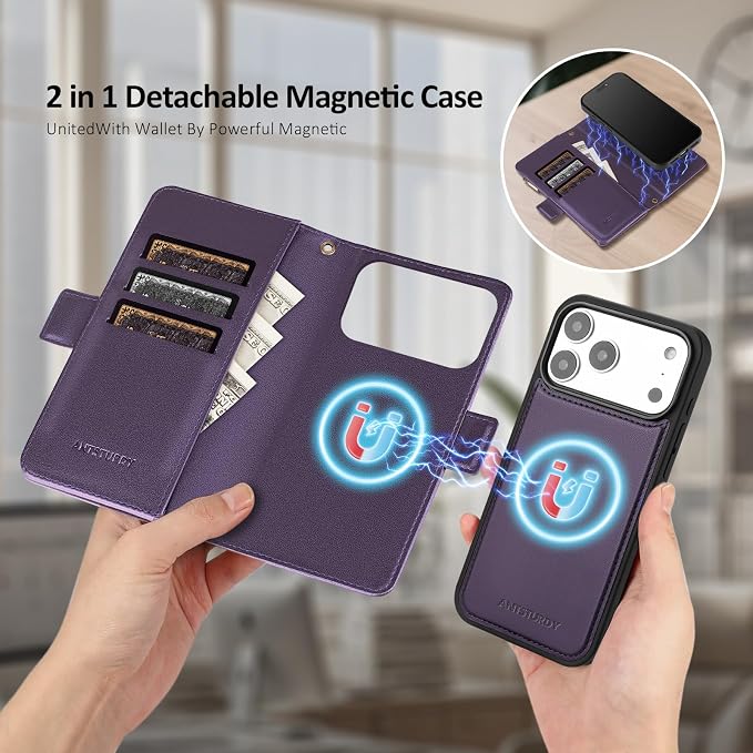 Antsturdy Compatible with Magsafe Magnetic 2 in 1 Detachable iPhone 17 Pro Wallet Case with Credit Card Holder Slots,PU Leather RFID Blocking Phone Cover Wrist Strap Zipper Women Men,Purple
