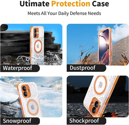 for iPhone 16 Waterproof Case, Compatible with MagSafe, IP68 Built-in Camera Control, Military Shockproof & Screen Protector for Water Sports, 6.1 Inch Frosted Orange