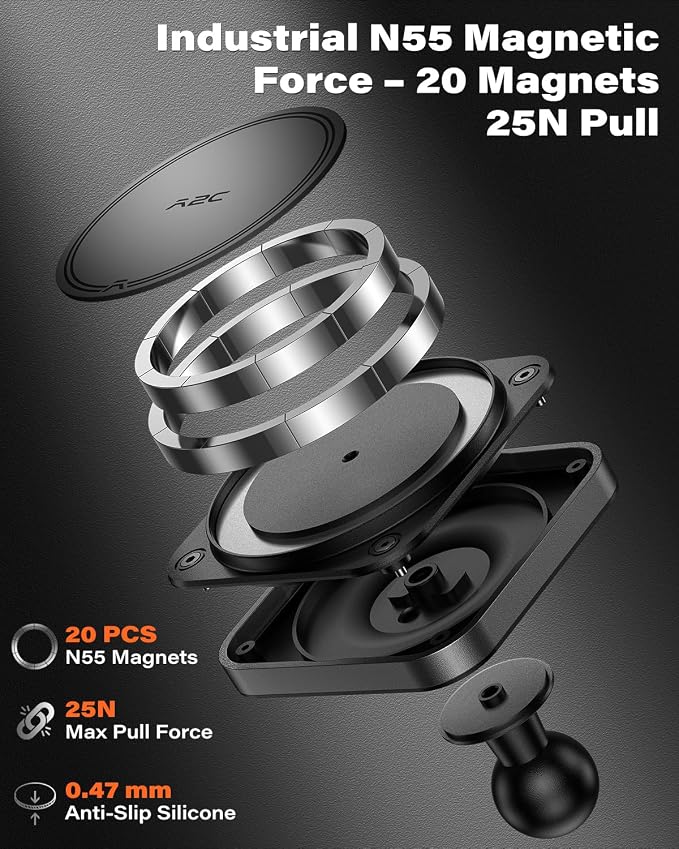 APPS2Car Heavy Duty Magnetic Cup Phone Holder Mount | Aluminum Arm | Dual Ring N55 Magnets | Fits 3"-4" Cup Holders, 20mm Ball Joint | Compatible with MagSafe iPhone, Samsung, Smartphones