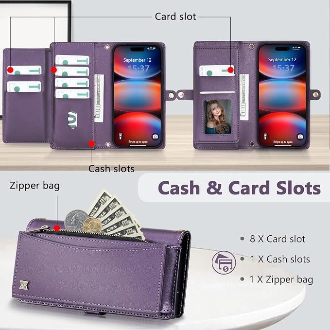 Wallet Case for iPhone 17 Pro Max with Card Holder/Crossbody Wallet/Strap,[RFID Blocking][Magnetic] PU Leather Phone Case for iPhone 17 Pro Max,6.9 in,Purple