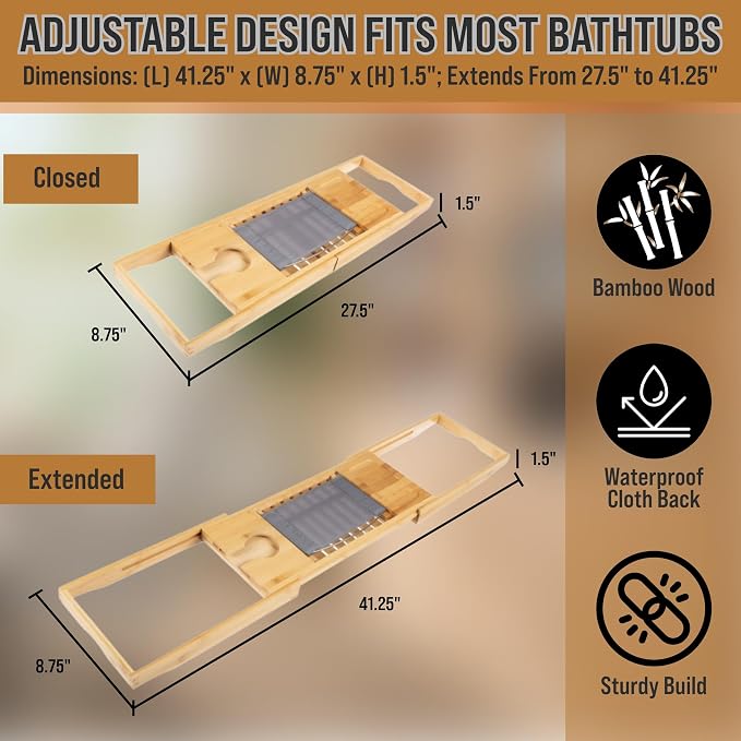 Bamboo Bathtub Tray - Wood Bath Caddy with Book, Phone, or Tablet Rest, Cup Holder, and Extended Sides for Bath Accessories by Home-Complete (Natural)