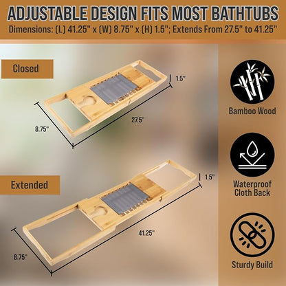 Bamboo Bathtub Tray - Wood Bath Caddy with Book, Phone, or Tablet Rest, Cup Holder, and Extended Sides for Bath Accessories by Home-Complete (Natural)