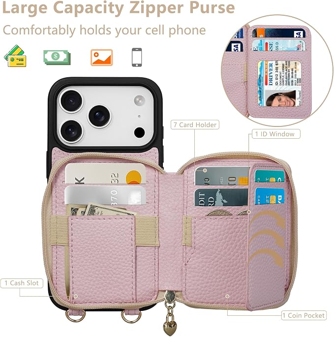 Keallce Case for iPhone 17 Pro 6.3'' Case Wallet, Crossbody Zipper Purse with RFID Blocking Card Slots Kickstand, Lanyard & Handstrap Flip Folio Leather Phone Cover for iPhone 17 Pro, Pink