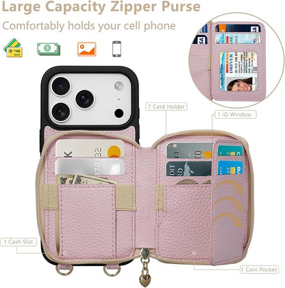 Keallce Case for iPhone 17 Pro 6.3'' Case Wallet, Crossbody Zipper Purse with RFID Blocking Card Slots Kickstand, Lanyard & Handstrap Flip Folio Leather Phone Cover for iPhone 17 Pro, Pink