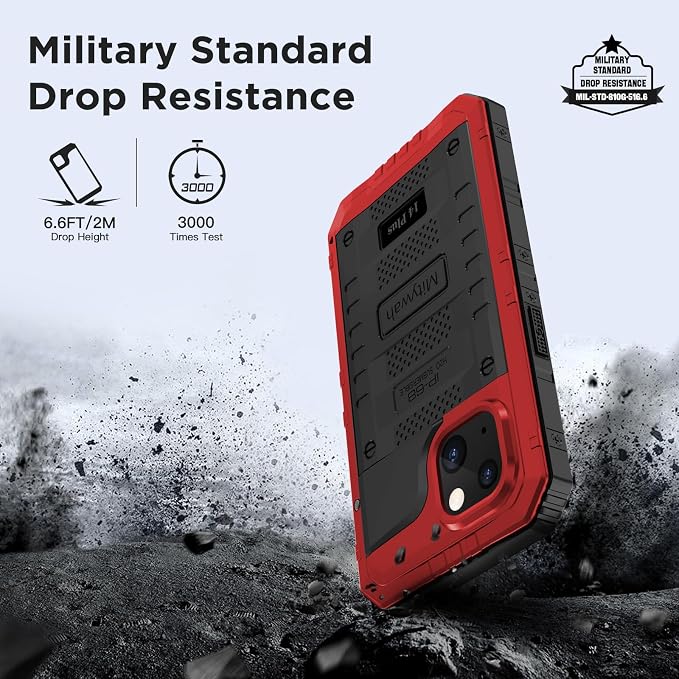 Mitywah Waterproof Case for iPhone 14 Plus, Heavy Duty Shockproof Case with Built-in Screen Protector, Full Body Underwater Protective Metal Case 6.7 inch, Red