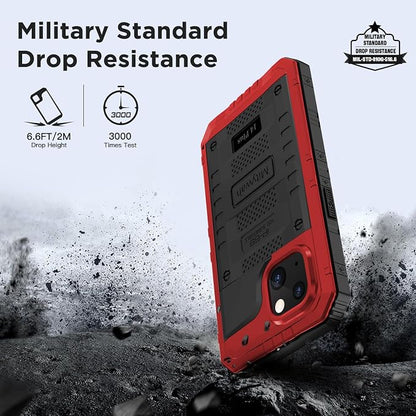 Mitywah Waterproof Case for iPhone 14 Plus, Heavy Duty Shockproof Case with Built-in Screen Protector, Full Body Underwater Protective Metal Case 6.7 inch, Red