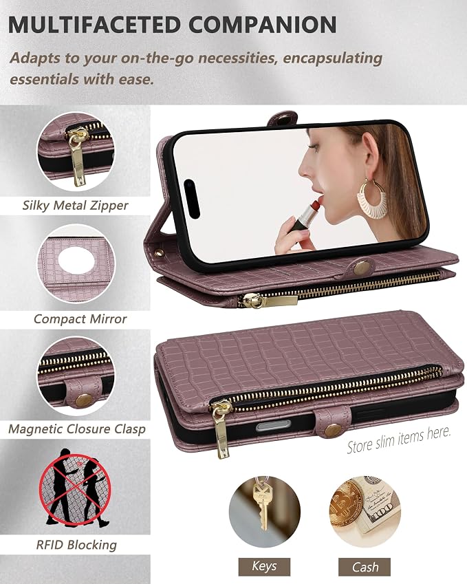 Crossbody Wallet Case for iPhone 17 Pro Max with Mirror, Wrist Strap, Zipper Purse Magnetic Flip, RFID Blocking Card Holder, Wireless Charging, PU Leather Shockproof 6.9" Women (Rose Gold)