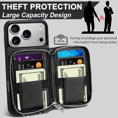 XANGNIER Wallet Case for iPhone 17 Pro with Strap, RFID Blocking PU Leather Crossbody Phone Purse with Card Holder, Zipper Pocket, Wrist Strap & Adjustable Lanyard for Women 6.3" 5G, Black