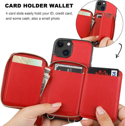 Bocasal RFID Blocking Wallet Case for iPhone 14 iPhone 13, Adjustable Crossbody Zipper Purse Case Card Holder with Kickstand Detachable Wrist Strap, PU Leather Flip Folio Case 6.1 Inch 5G (Red)